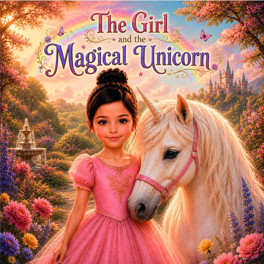 The Girl and the Magical Unicorn - the illustrated cover before personalisation